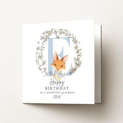 Grandson Birthday Card - Personalised Fox & Floral Wreath Keepsake
