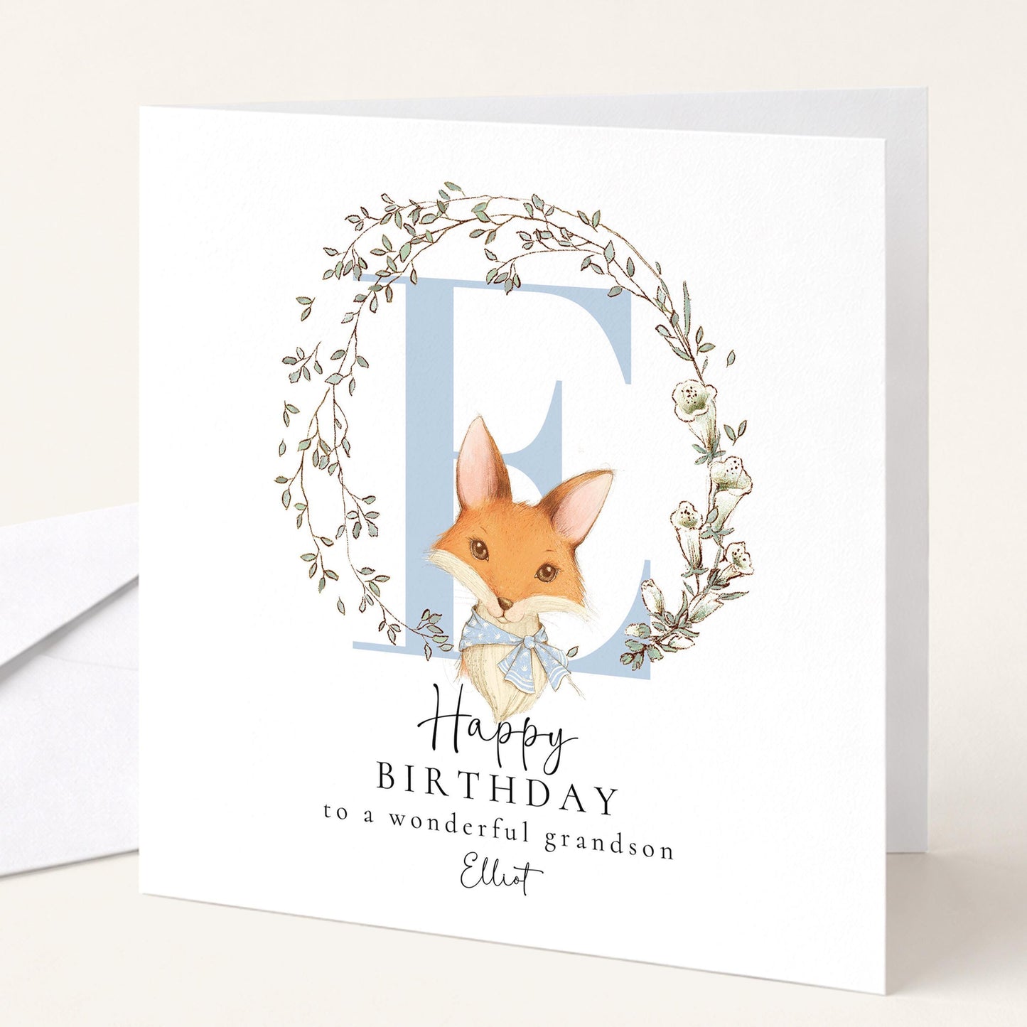 Grandson Birthday Card - Personalised Fox & Floral Wreath Keepsake