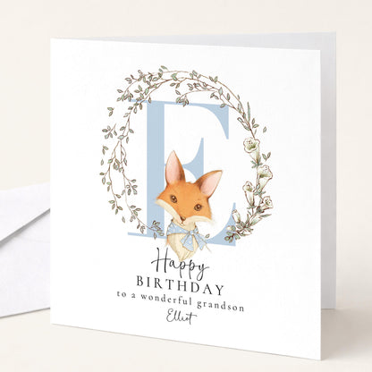 Grandson Birthday Card - Personalised Fox & Floral Wreath Keepsake
