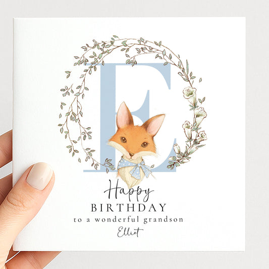 Grandson Birthday Card - Personalised Fox & Floral Wreath Keepsake