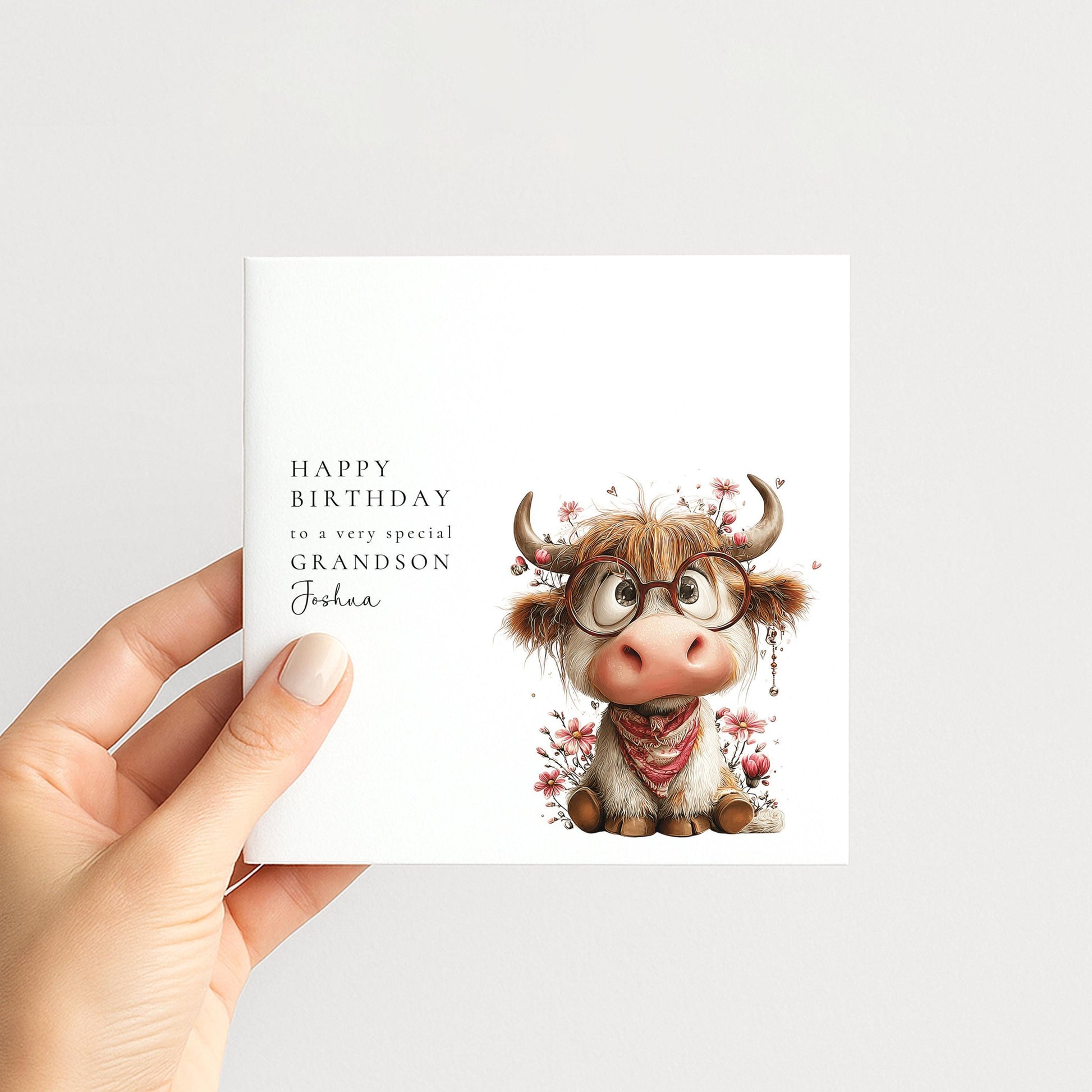 Grandson Birthday Card – Personalised Highland Cow Keepsake With Name