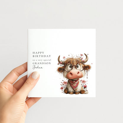 Grandson Birthday Card – Personalised Highland Cow Keepsake With Name