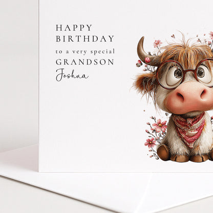 Grandson Birthday Card – Personalised Highland Cow Keepsake With Name