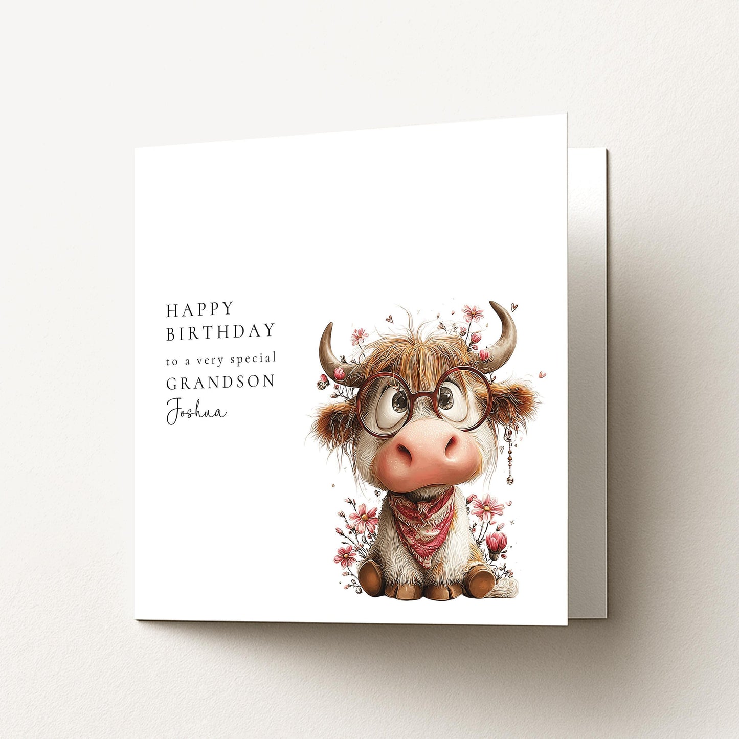 Grandson Birthday Card – Personalised Highland Cow Keepsake With Name