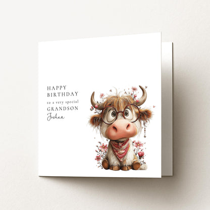 Grandson Birthday Card – Personalised Highland Cow Keepsake With Name