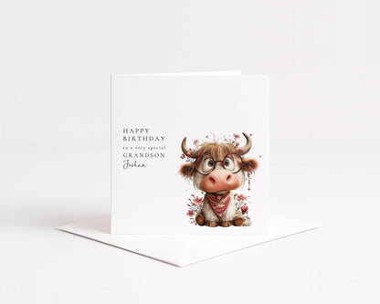 Grandson Birthday Card – Personalised Highland Cow Keepsake With Name