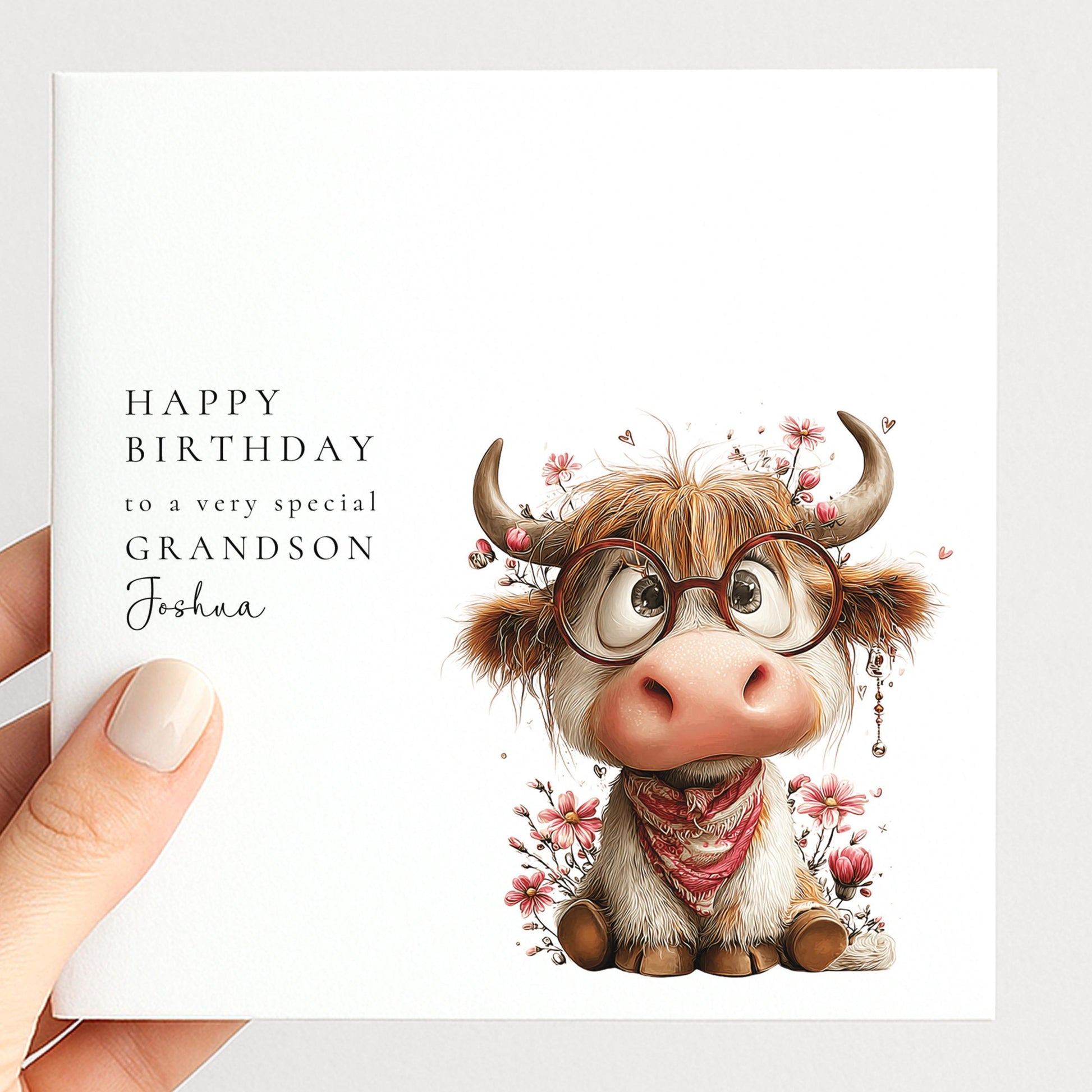 Grandson Birthday Card – Personalised Highland Cow Keepsake With Name