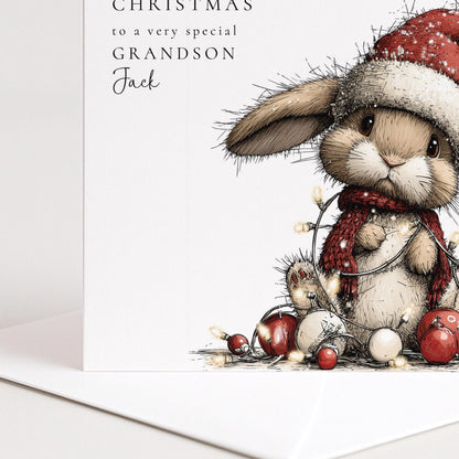 Grandson Christmas Card Cute Bunny
