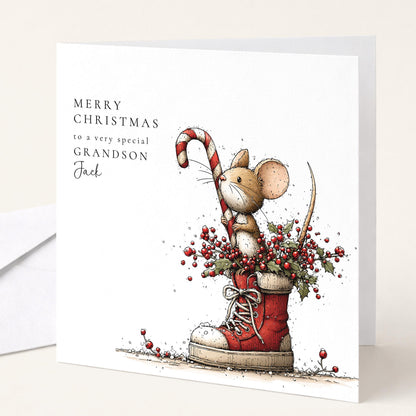 Grandson Christmas Card Cute Mouse and Trainer