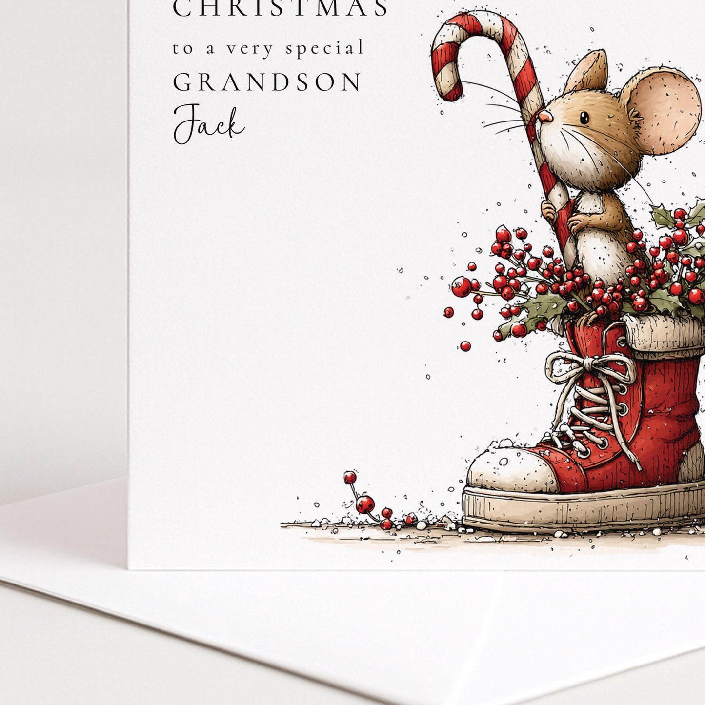 Grandson Christmas Card Cute Mouse and Trainer