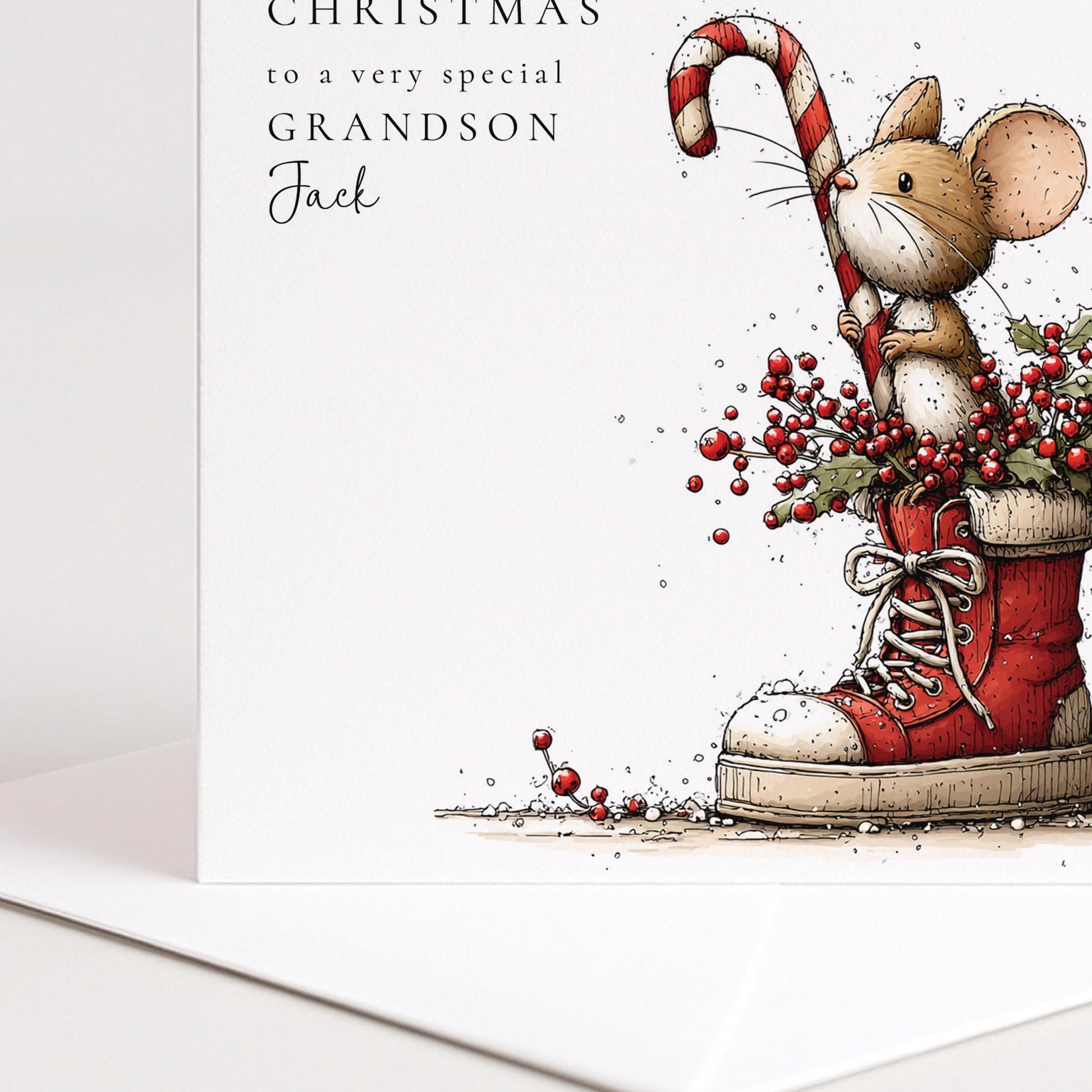 Grandson Christmas Card Cute Mouse and Trainer