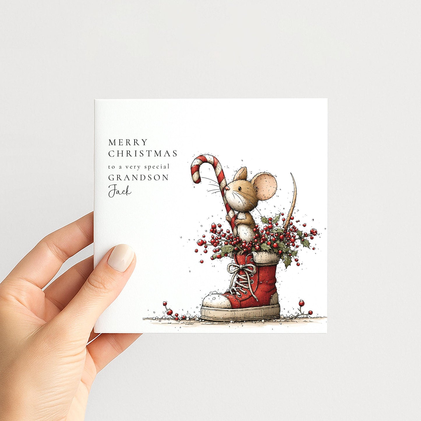 Grandson Christmas Card Cute Mouse and Trainer