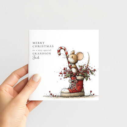 Grandson Christmas Card Cute Mouse and Trainer