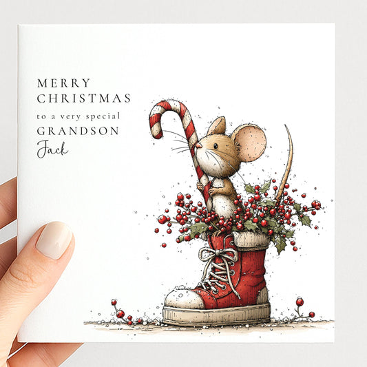 Grandson Christmas Card Cute Mouse and Trainer