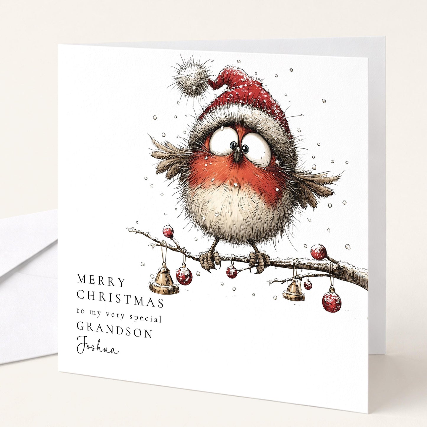 Grandson Christmas Card - Funny Robin In Santa Hat | Personalised Festive Greeting