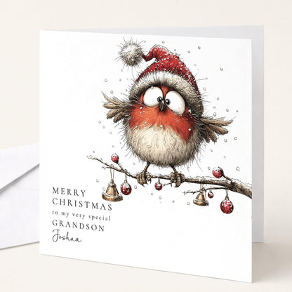 Grandson Christmas Card - Funny Robin In Santa Hat | Personalised Festive Greeting