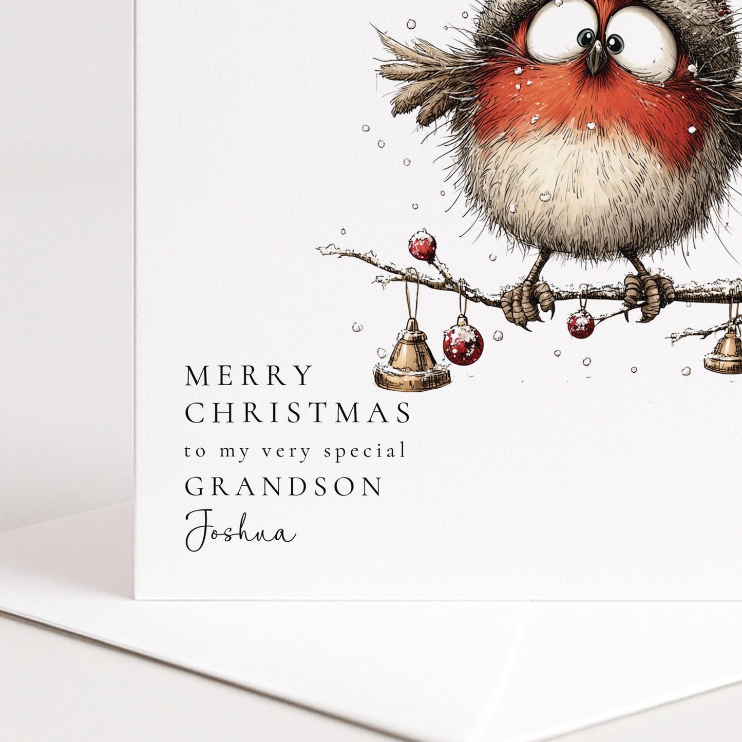 Grandson Christmas Card - Funny Robin In Santa Hat | Personalised Festive Greeting
