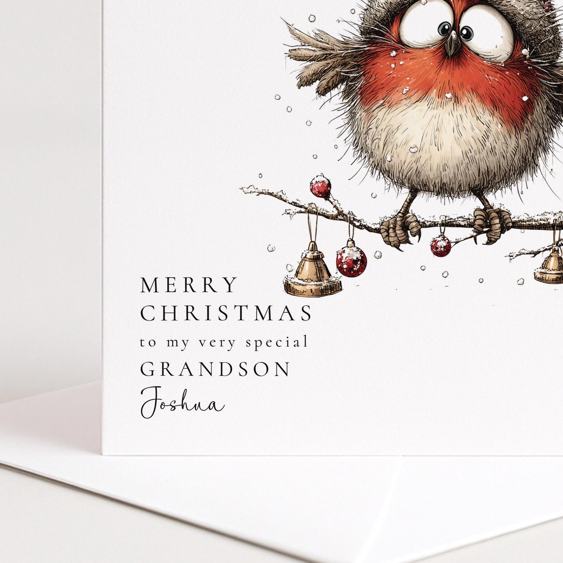 Grandson Christmas Card - Funny Robin In Santa Hat | Personalised Festive Greeting