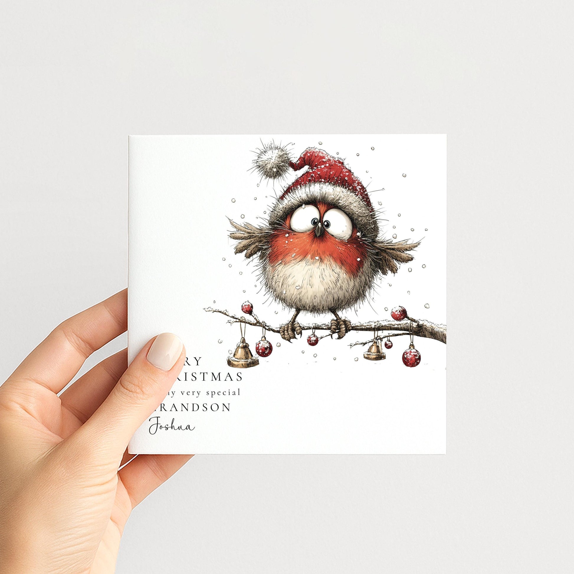 Grandson Christmas Card - Funny Robin In Santa Hat | Personalised Festive Greeting