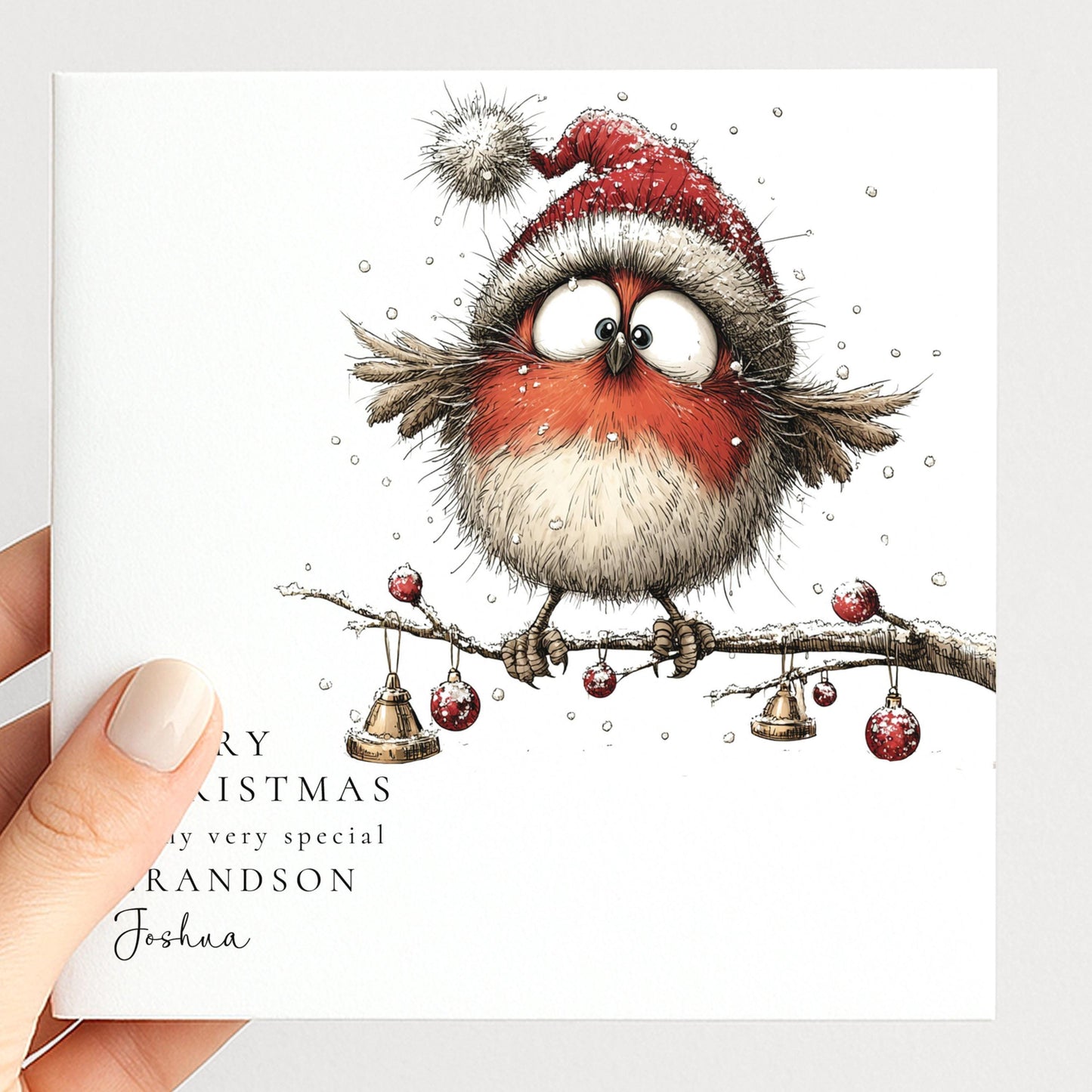 Grandson Christmas Card - Funny Robin In Santa Hat | Personalised Festive Greeting
