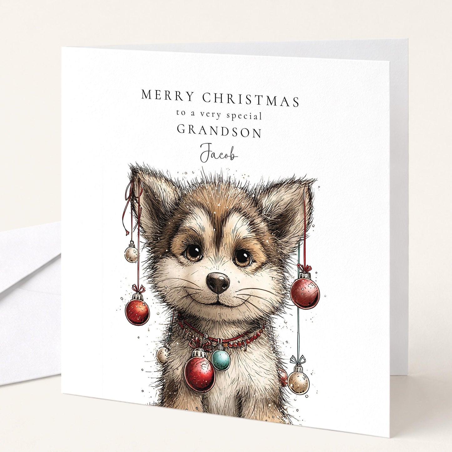 Grandson Christmas Card - Funny Wolf Illustration | Personalised Holiday Greeting