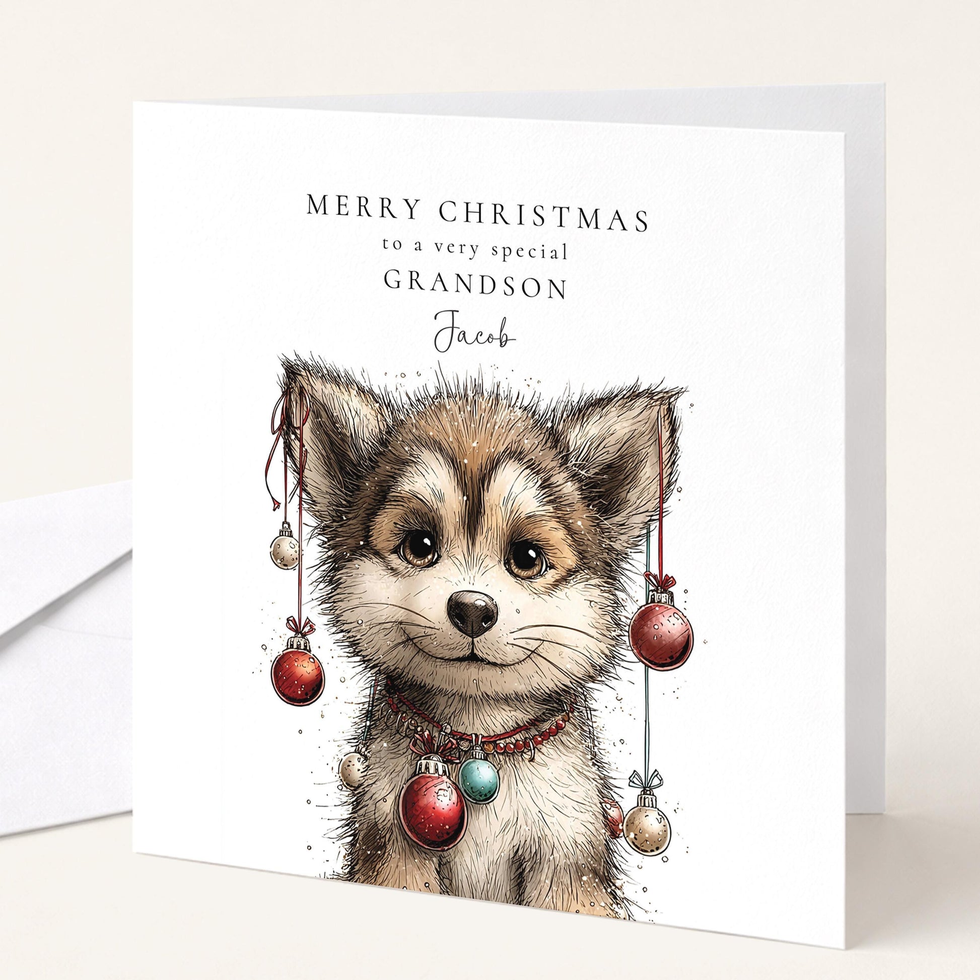 Grandson Christmas Card - Funny Wolf Illustration | Personalised Holiday Greeting