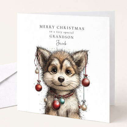 Grandson Christmas Card - Funny Wolf Illustration | Personalised Holiday Greeting