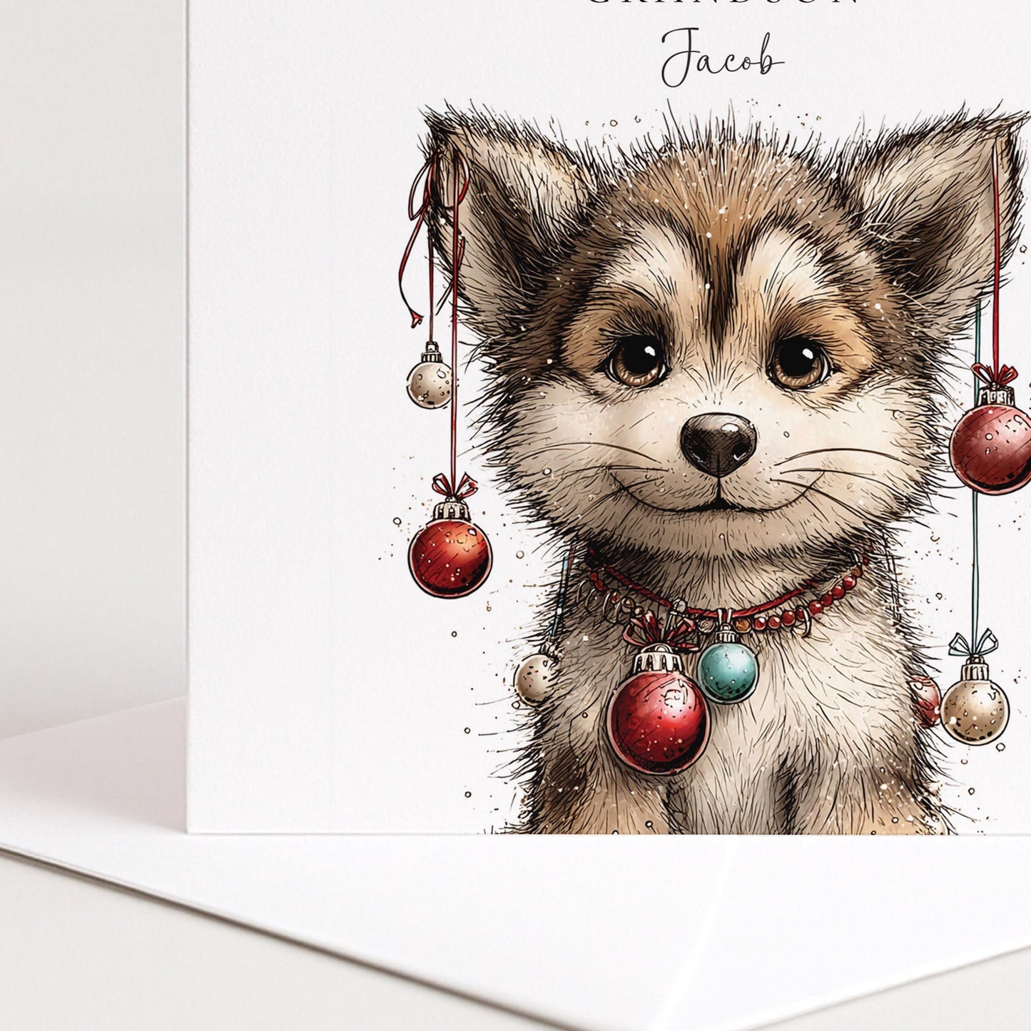 Grandson Christmas Card - Funny Wolf Illustration | Personalised Holiday Greeting