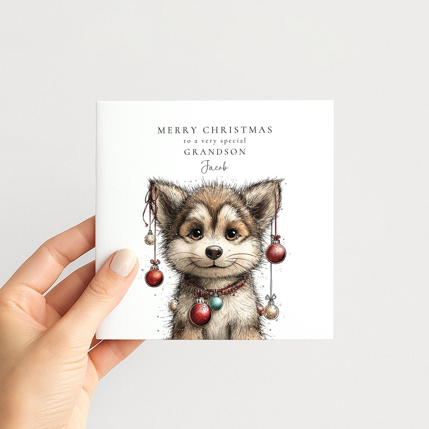 Grandson Christmas Card - Funny Wolf Illustration | Personalised Holiday Greeting