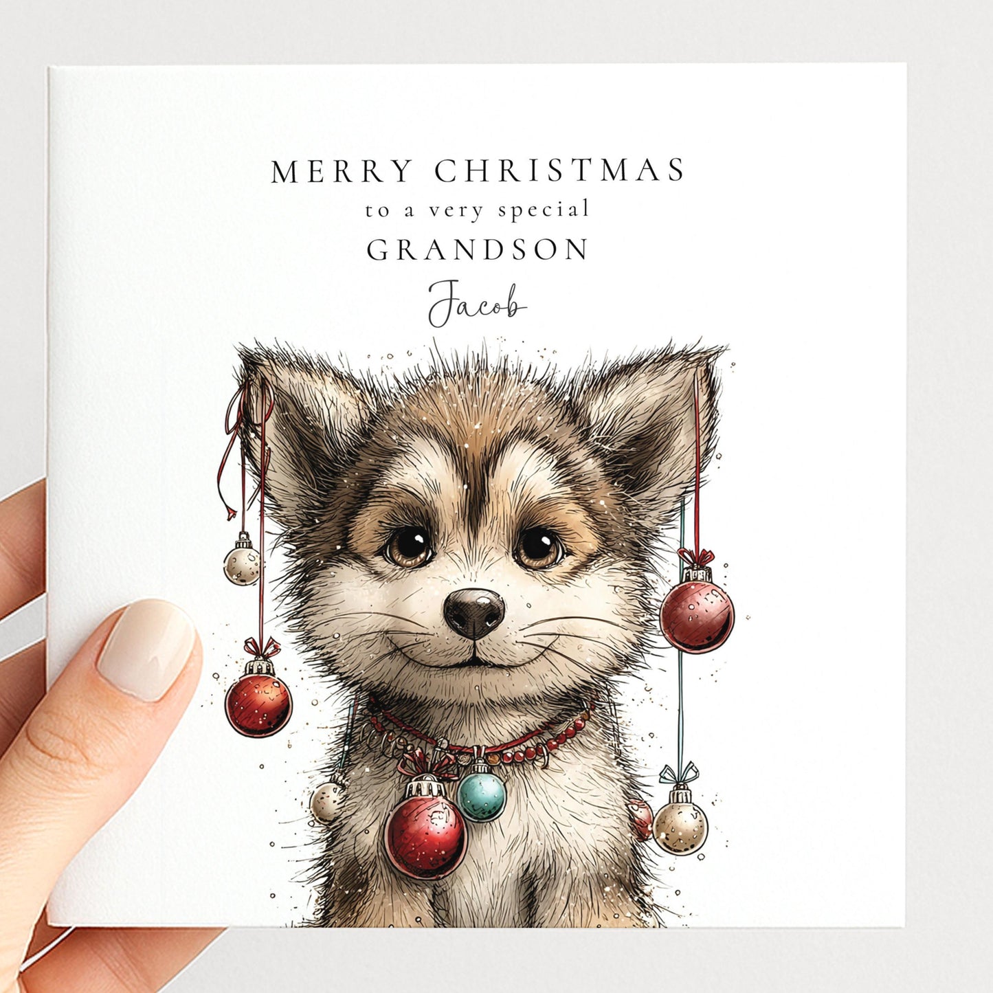 Grandson Christmas Card - Funny Wolf Illustration | Personalised Holiday Greeting