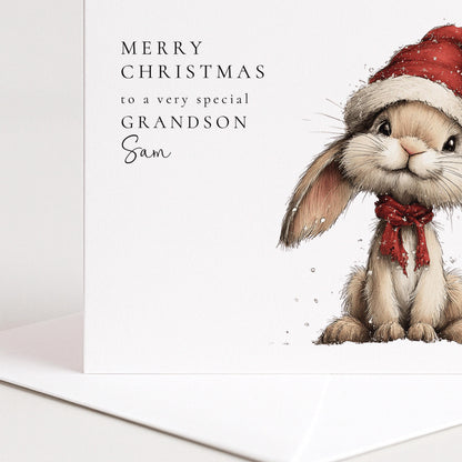 Grandson Christmas Card – Personalised Cute Bunny