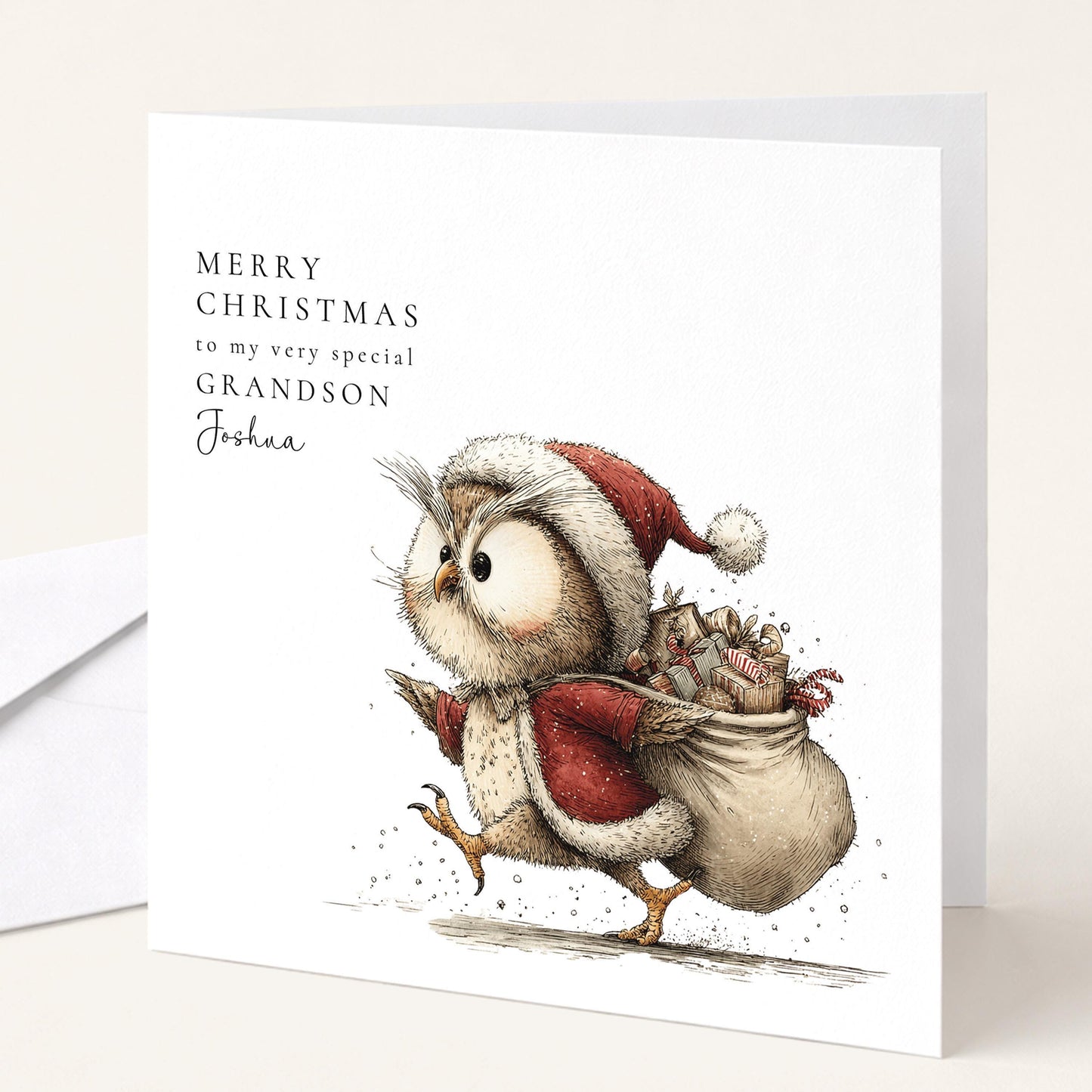 Grandson Christmas Card - Personalised Cute Owl Design Holiday Greeting