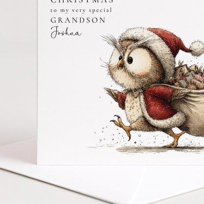 Grandson Christmas Card - Personalised Cute Owl Design Holiday Greeting
