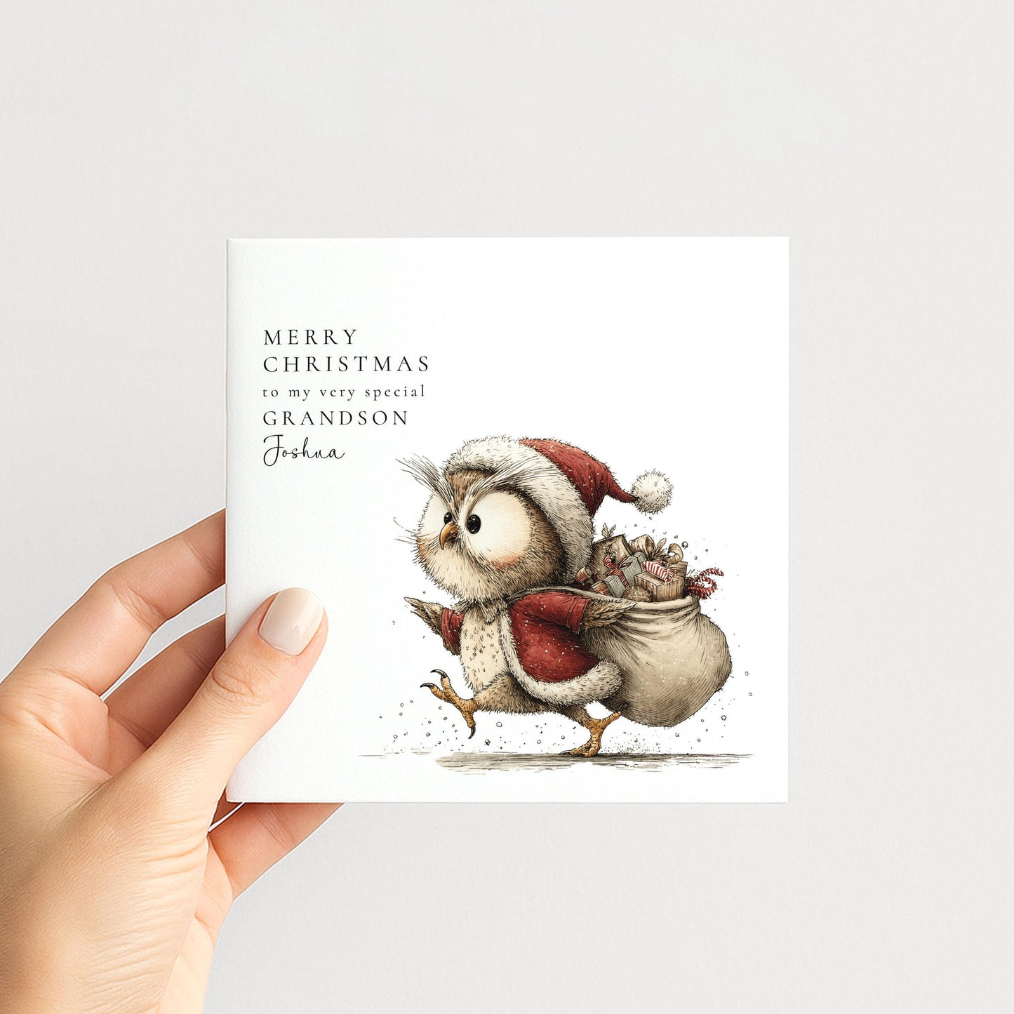 Grandson Christmas Card - Personalised Cute Owl Design Holiday Greeting
