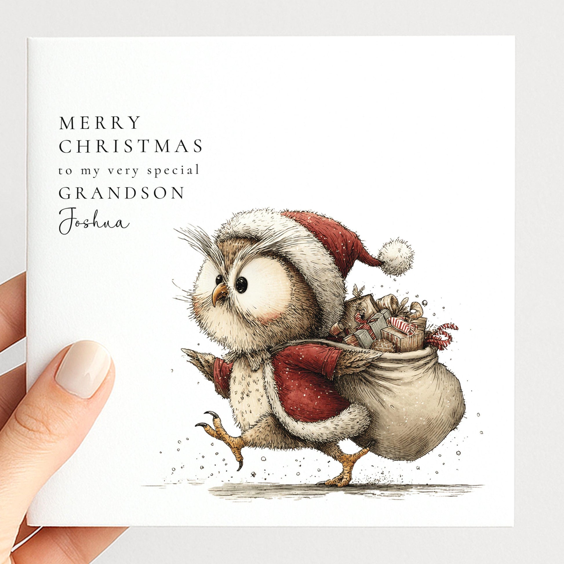Grandson Christmas Card - Personalised Cute Owl Design Holiday Greeting