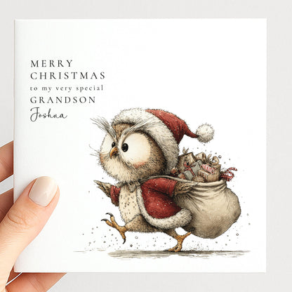 Grandson Christmas Card - Personalised Cute Owl Design Holiday Greeting