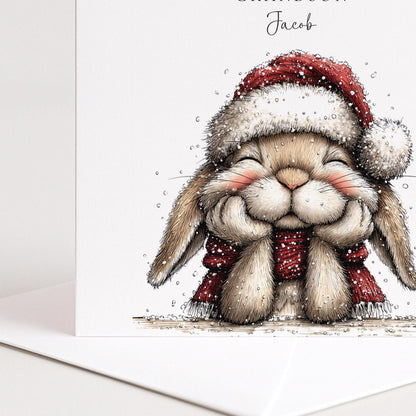 Grandson Christmas Card - Personalised Cute Rabbit Holiday Message Card