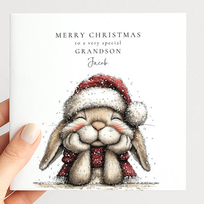 Grandson Christmas Card - Personalised Cute Rabbit Holiday Message Card