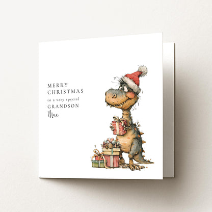 Grandson Christmas Card – Personalised Dinosaur Holiday Card