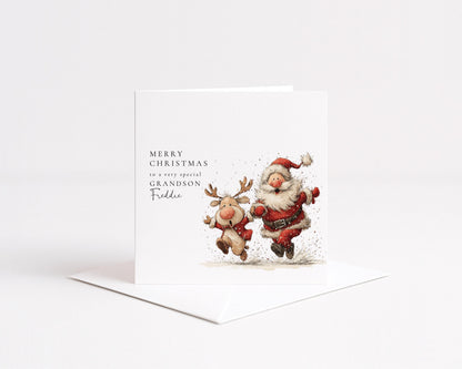 Grandson Christmas Card - Personalised Festive Santa Reindeer