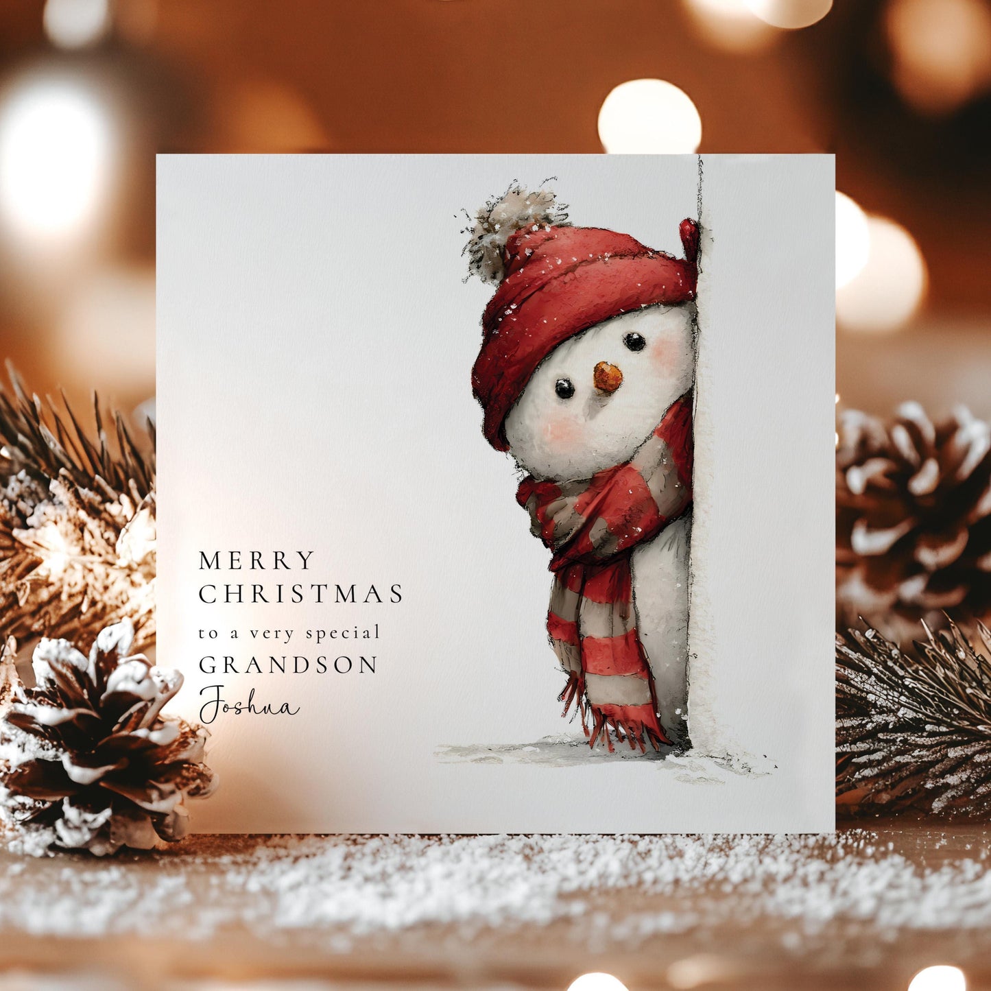 Grandson Christmas Card – Personalised Peeking Snowman