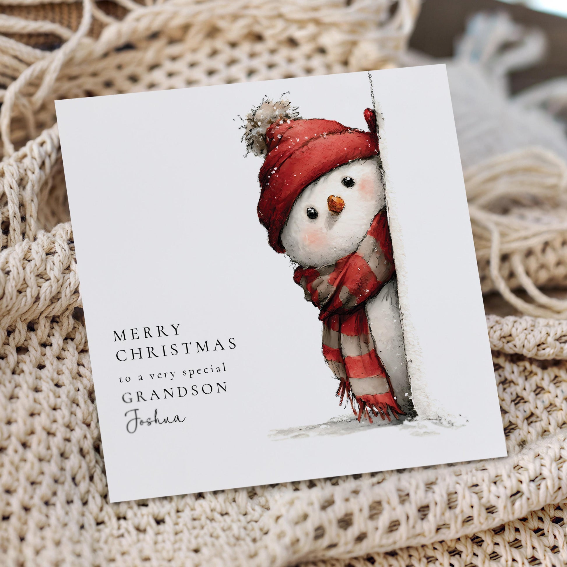 Grandson Christmas Card – Personalised Peeking Snowman