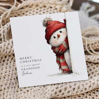 Grandson Christmas Card – Personalised Peeking Snowman