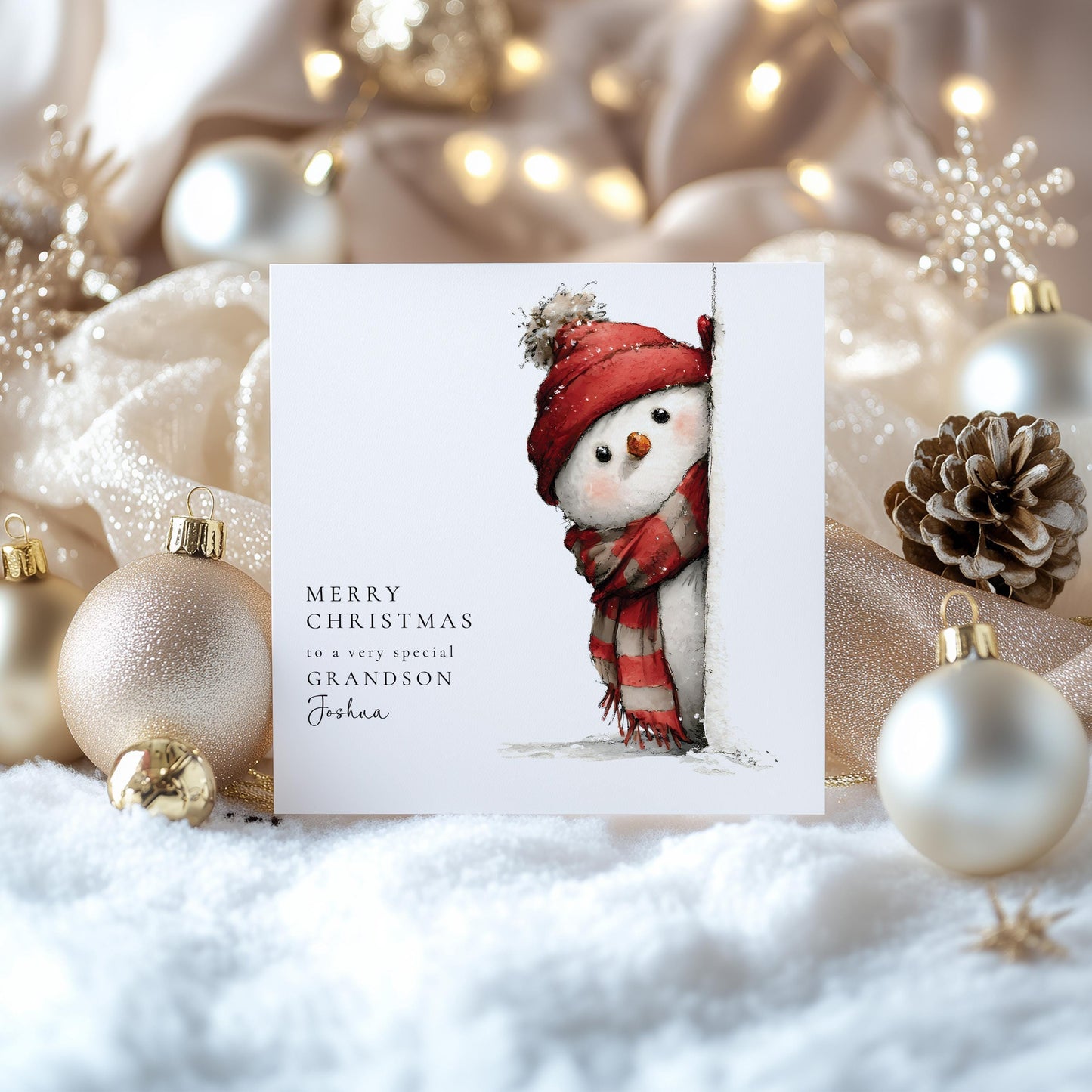Grandson Christmas Card – Personalised Peeking Snowman