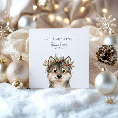 Grandson Christmas Card – Personalised Wolf Card