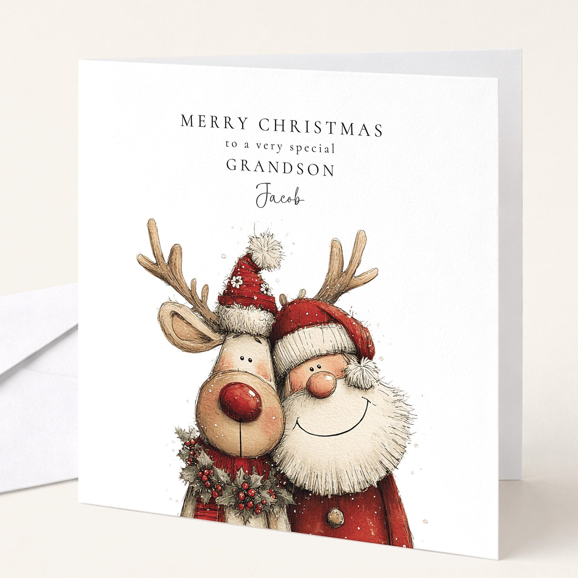 Grandson Christmas Card Santa and Reindeer