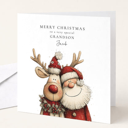 Grandson Christmas Card Santa and Reindeer