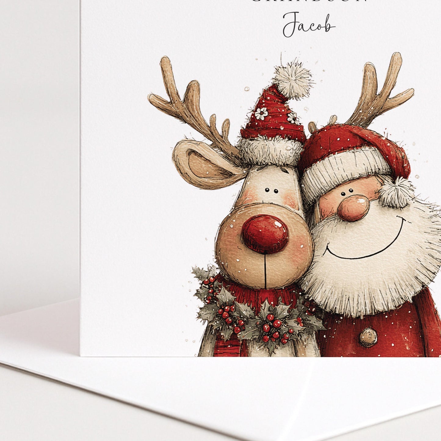 Grandson Christmas Card Santa and Reindeer