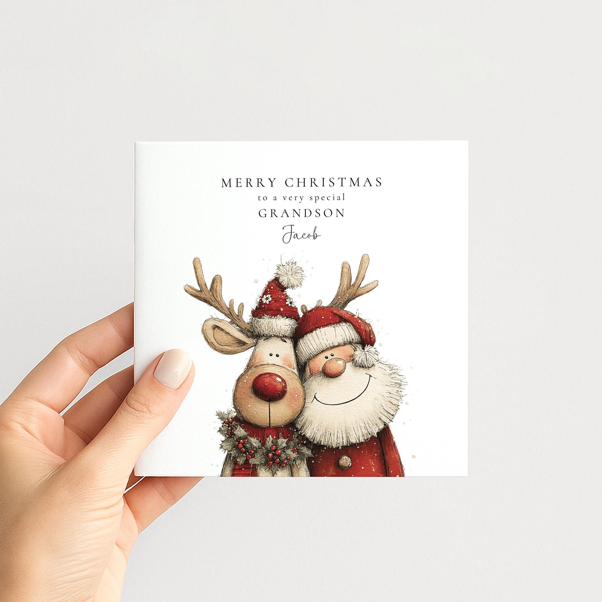 Grandson Christmas Card Santa and Reindeer
