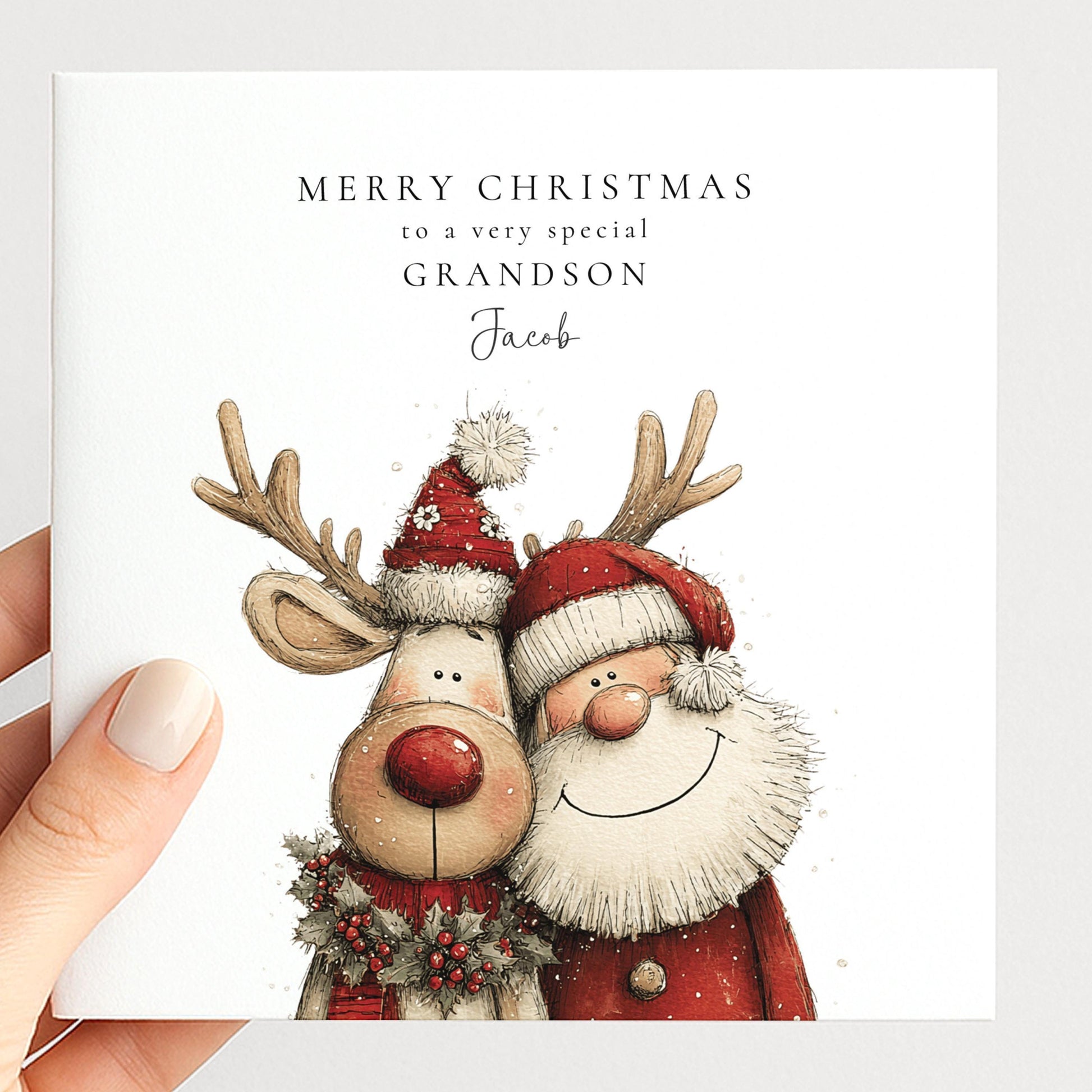 Grandson Christmas Card Santa and Reindeer